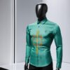 Teal slim-fit shirt with intricate Mmeramutene Adinkra embroidery and textured silk fabric.