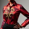 Vibrant red satin slim-fit shirt featuring Pempamsie Adinkra symbol representing valor and fearlessness.